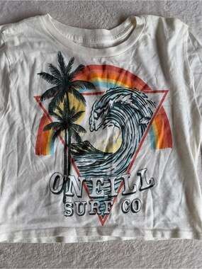 O'Neill White Tee with Surf Wave, Palm & Rainbow Graphic